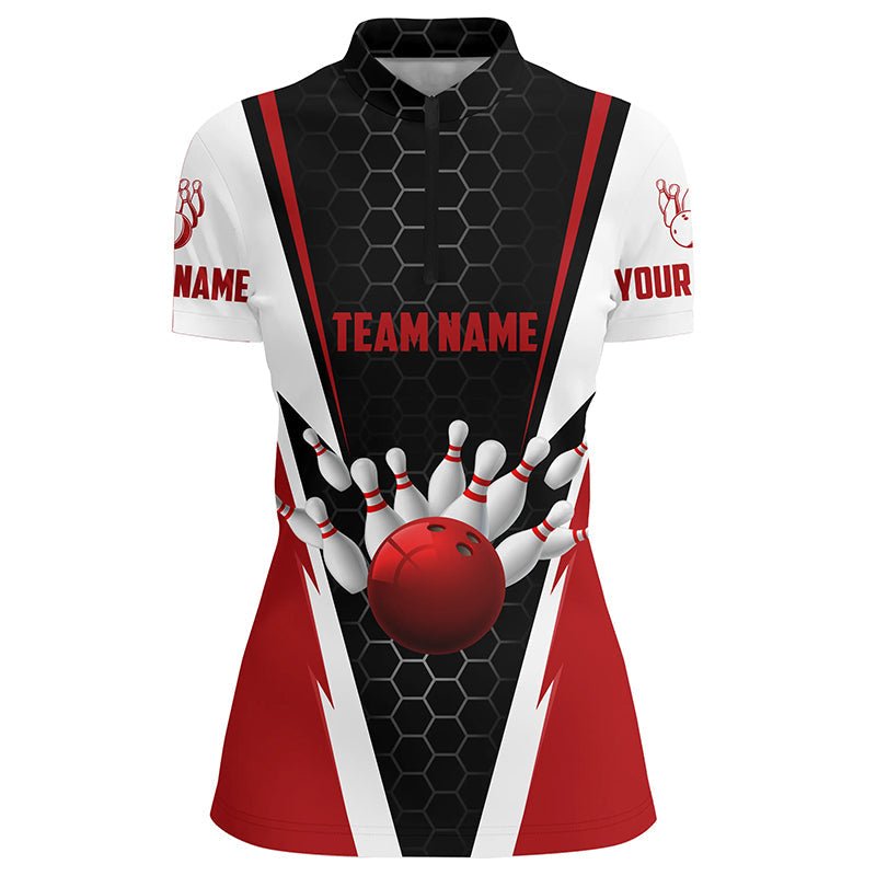 Personalisierte Bowling-Shirts für Damen mit individuellem Teamnamen, Bowlingkugel und Pins, Team Bowling-Shirts P4968 - Climcat