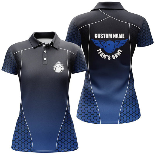 Personalisierte Bowling-Shirts für Damen mit Namen, Flammender Bowlingball Bowling Team Shirts | Blau P4239 - Climcat