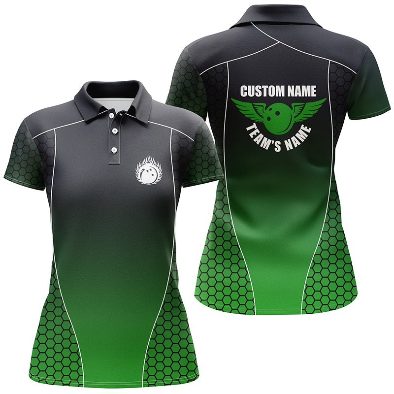 Personalisierte Bowling-Shirts für Damen mit Namen, Flammender Bowlingball Bowling Team Shirts | Grün P4241 - Climcat