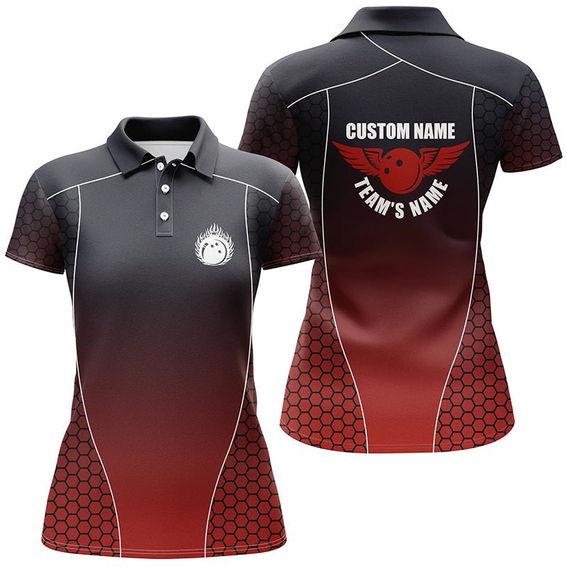 Personalisierte Bowling-Shirts für Damen mit Namen, Flammender Bowlingball Bowling Team Shirts | Rot P4240 - Climcat