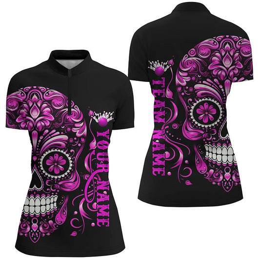 Personalisierte Bowling-Shirts für Damen mit Pinkem Sugar Skull Tattoo, Viertelreißverschluss, Halloween Bowling Shirts P5244 - Climcat