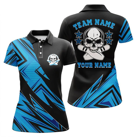 Personalisierte Bowling-Shirts für Damen mit Totenkopf-Design | Blaue Bowling-Team Trikots P4498 - Climcat