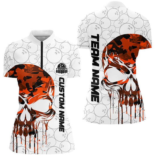 Personalisierte Bowling Shirts für Damen - Orange Camo Skull Design - Viertelreißverschluss - Team Bowling Trikots - Bowling Outfit P5327 - Climcat