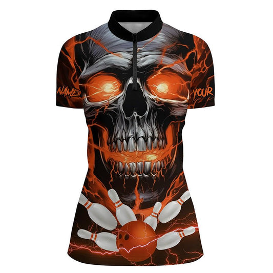 Personalisierte Bowling-Shirts für Damen | Orange Thunder Lightning Skull | Viertelreißverschluss | P5370 - Climcat