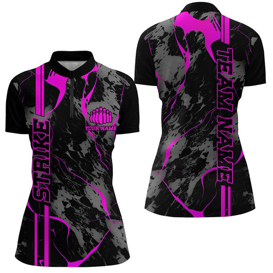 Personalisierte Bowling-Shirts für Damen - Pink Camo Design - Viertelreißverschluss - Team Trikots - P5384 - Climcat