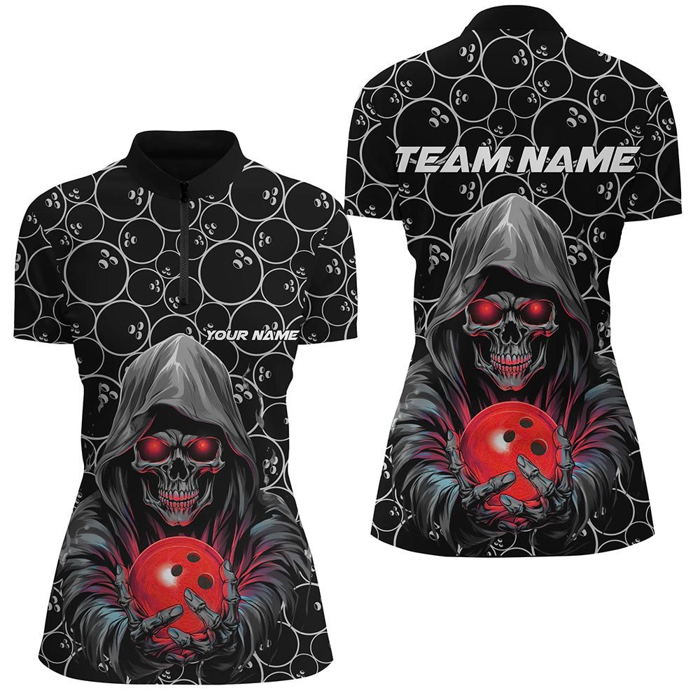 Personalisierte Bowling-Shirts für Damen - Rote Bowling-Quarter-Zip-Shirts mit Totenkopf-Design - Individuell gestaltbare Bowling-Liga-Trikots P5388 - Climcat