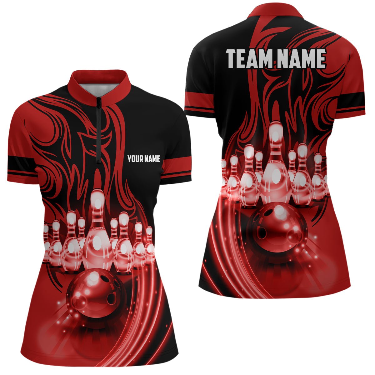 Personalisierte Bowling-Shirts für Damen - Rote Lichter - Individuelles Design - Team Liga - Viertelreißverschluss - Q6579 - Climcat