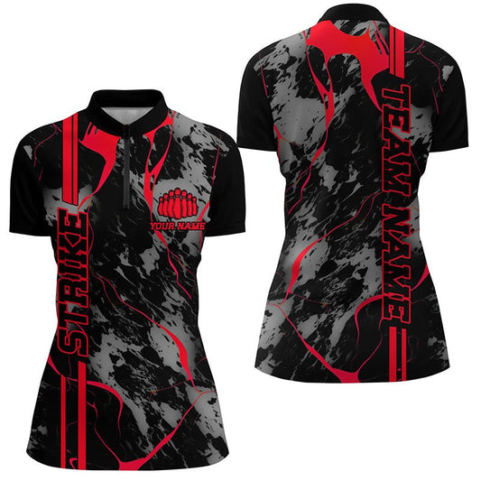 Personalisierte Bowling-Shirts für Damen - Rote Strike-Bowling-Shirts mit Viertelreißverschluss, Camo-Design für Bowling-Teams und Ligen - P5382 - Climcat