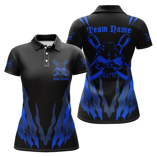 Personalisierte Bowling-Shirts für Damen, Skull Bowling Team Shirts Bowling Pin | Blau P4482 - Climcat