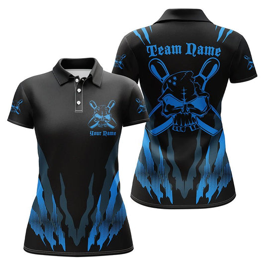 Personalisierte Bowling-Shirts für Damen, Skull Bowling Team Shirts Bowling Pin | Blau P4483 - Climcat