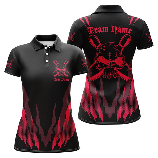 Personalisierte Bowling-Shirts für Damen, Skull Bowling Team Shirts Bowling Pin | Rot P4484 - Climcat