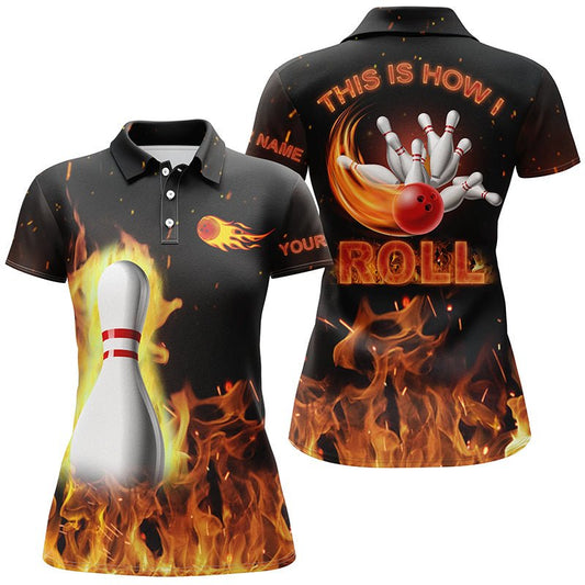 Personalisierte Bowling-Shirts für Damen - So rolle ich, schwarzes Flammen-Bowling-Shirt, individuelle Bowling-Trikots Q4435 - Climcat