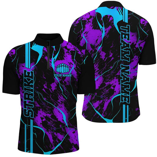 Personalisierte Bowling-Shirts für Herren | Blau Lila | Viertelreißverschluss | Camo Bowling Team Trikots | Bowling Liga P5386 - Climcat