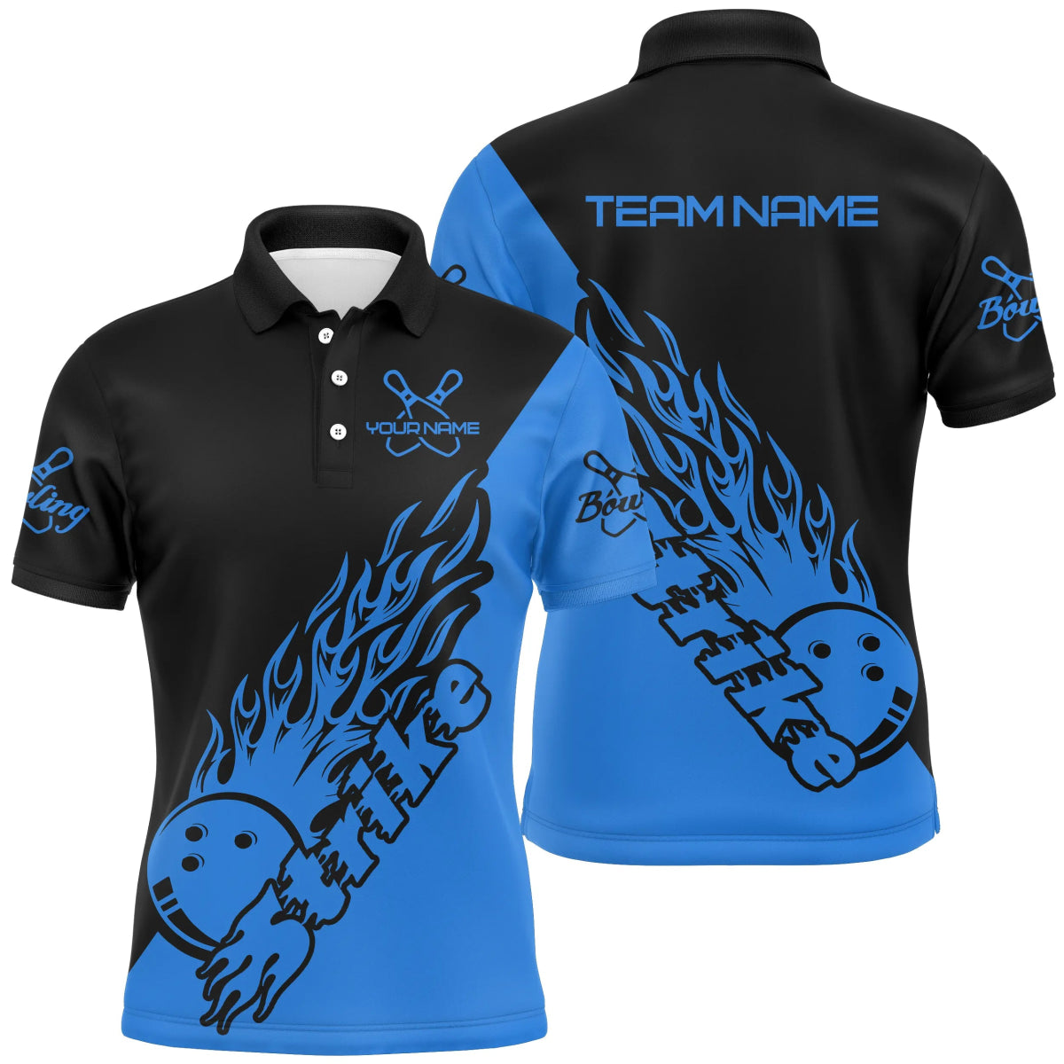 Personalisierte Bowling-Shirts für Herren, Bowling-Teamshirts Bowling Strike | Schwarz und Blau P5167 - Climcat