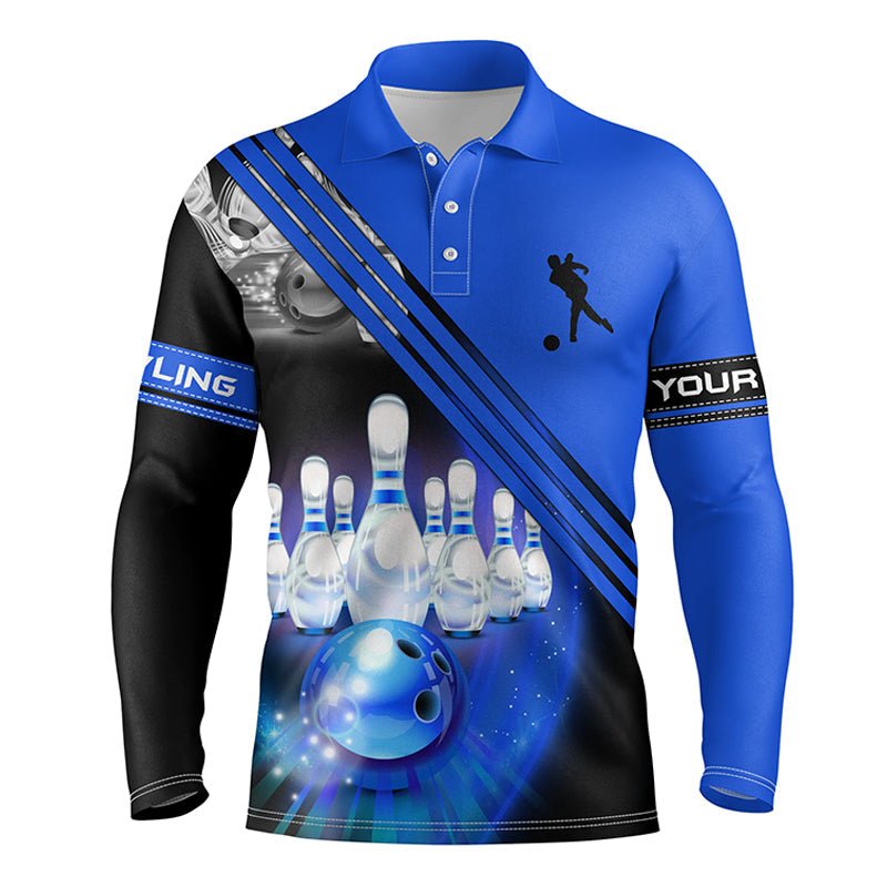 Personalisierte Bowling-Shirts für Herren Bowlingkugel und Pins Teamshirt, individuelle Bowlingtrikots | Blau Q4452 - Climcat