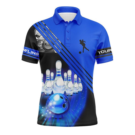 Personalisierte Bowling-Shirts für Herren Bowlingkugel und Pins Teamshirt, individuelle Bowlingtrikots | Blau Q4452 - Climcat