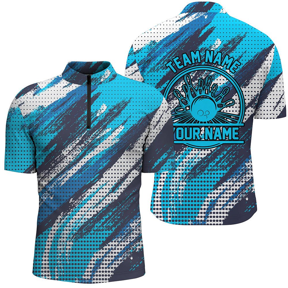 Personalisierte Bowling-Shirts für Herren, Bowlingkugeln und Pins Bowling-Teamshirts | Blau P4508 - Climcat