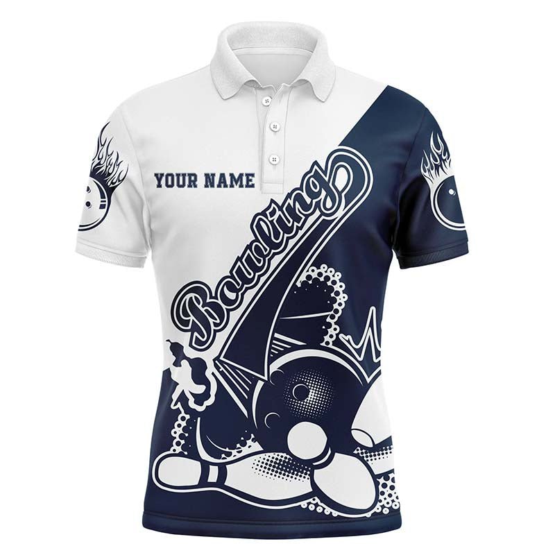 Personalisierte Bowling-Shirts für Herren in Navy, Bowling-Teamshirts mit Streifen und Bowling-Pin P3790 - Climcat