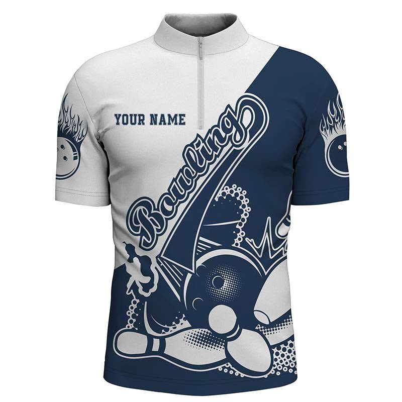 Personalisierte Bowling-Shirts für Herren in Navy, Bowling-Teamshirts mit Streifen und Bowling-Pin P3790 - Climcat