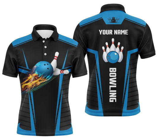 Personalisierte Bowling-Shirts für Herren mit Flammen-Bowlingkugeln und Pins, schwarz-blaue Bowling-Trikots Q4464 anpassen - Climcat