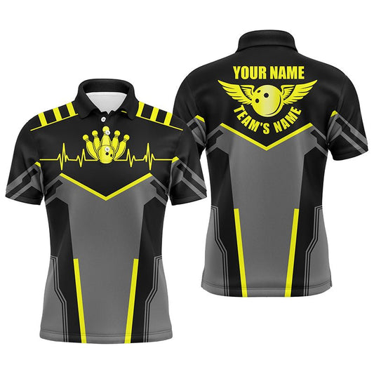 Personalisierte Bowling-Shirts für Herren mit individuellem Namen und Teamnamen | Bowlingkugel und Pins | Team-Bowling-Shirts | Gelb Q4531 - Climcat