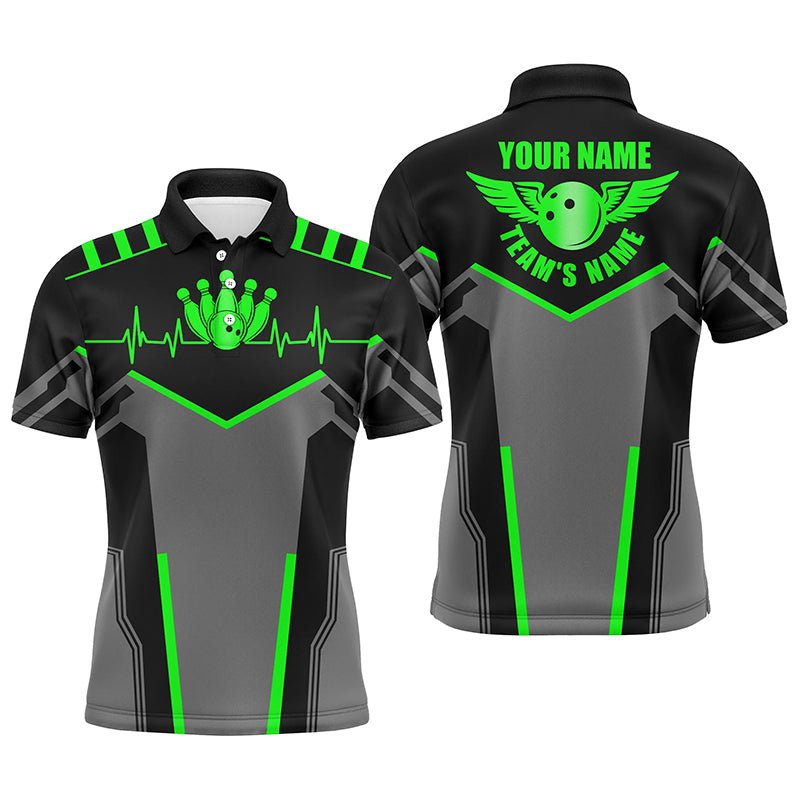 Personalisierte Bowling-Shirts für Herren mit individuellem Namen und Teamnamen | Bowlingkugel und Pins | Team-Bowling-Shirts | Grün Q4530 - Climcat