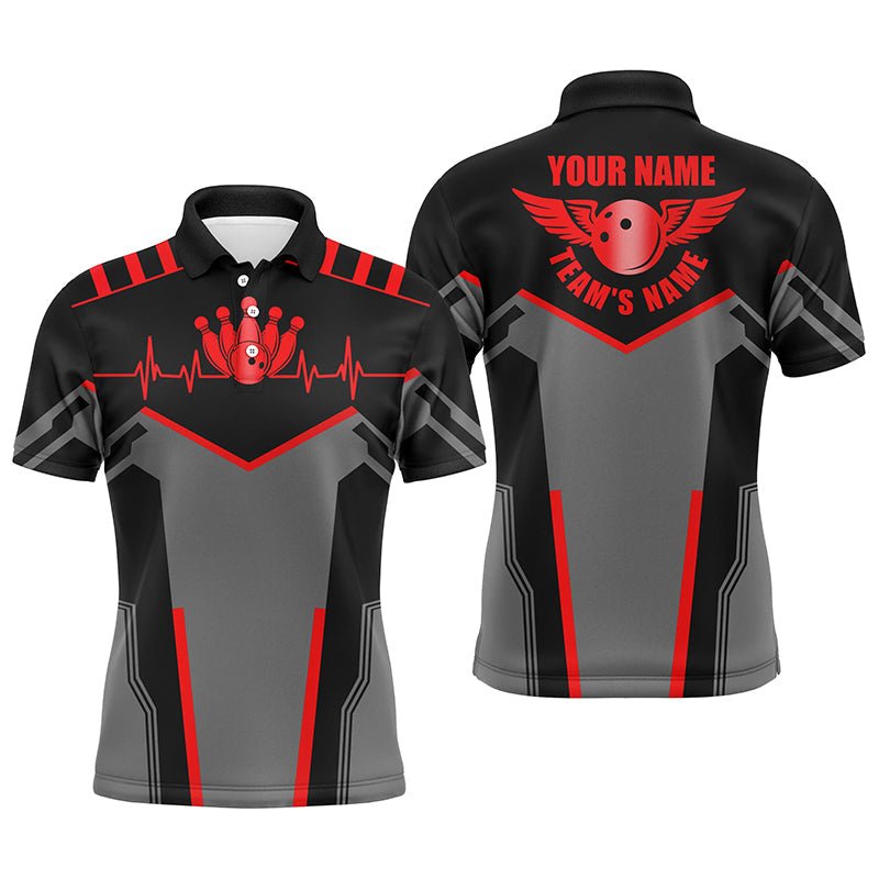 Personalisierte Bowling-Shirts für Herren mit individuellem Namen und Teamnamen, Bowlingkugel und Pins, Team-Bowling-Shirts | Rot Q4529 - Climcat