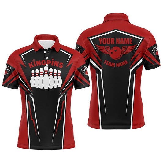 Personalisierte Bowling-Shirts für Herren mit individuellem Namen und Teamnamen | King Pins Bowling Trikots | Rote Bowling Team Shirts Q4522 - Climcat