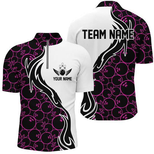 Personalisierte Bowling-Shirts für Herren | Pinkes Bowling-Muster | Viertelreißverschluss | Flamme | Bowling-Teamtrikots | Turnier | P5309 - Climcat