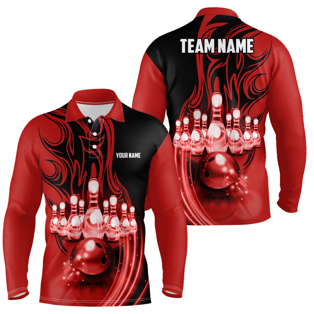 Personalisierte Bowling-Shirts für Herren - Rote Beleuchtung - Individuell gestaltete Team-Liga-Bowlingtrikots - Polo-Shirts - Q6579 - Climcat