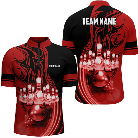 Personalisierte Bowling-Shirts für Herren - Rote Beleuchtung - Individuell gestaltete Team-Liga-Bowlingtrikots - Viertelreißverschluss - Q6579 - Climcat