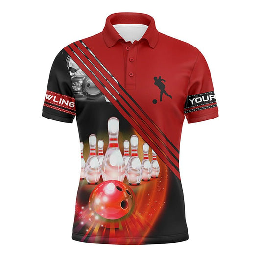 Personalisierte Bowling-Shirts für Herren - Teamshirt mit Bowlingkugel und Pins | Rote individuelle Bowling-Trikots Q4452 - Climcat