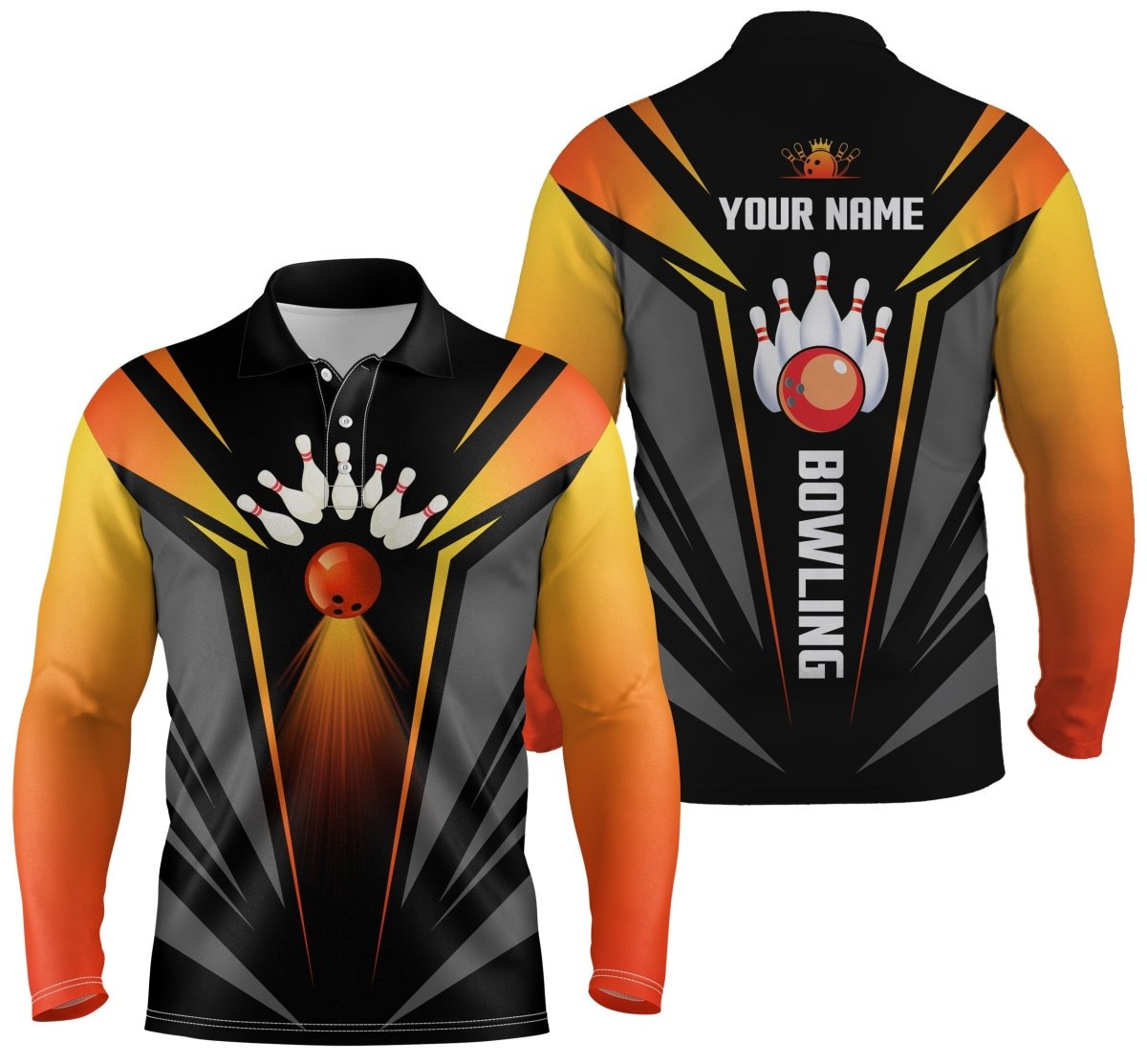Personalisierte Bowling-Shirts für Herren - Teamshirt mit Bowlingkugel und Pins, schwarz-orange, Q4458 - Climcat