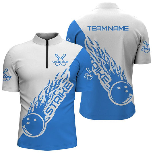 Personalisierte Bowling-Shirts für Herren und Damen, Bowling-Teamshirts Bowling Strike | Blau und Weiß P3980 - Climcat