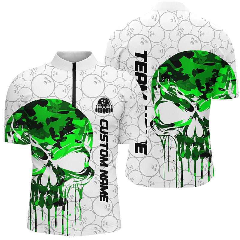 Personalisierte Bowling Shirts - Individuelles grünes Camo Skull Bowling Quarter Zip Shirt für Herren - Team Bowling Trikots - Bowling Liga Outfit P5329 - Climcat