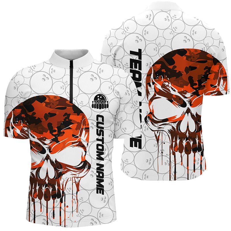 Personalisierte Bowling Shirts - Individuelles Orange Camo Skull Bowling Quarter Zip Shirt für Herren - Team Bowling Trikots für die Bowling Liga - Hochwertiges Material - P5327 - Climcat