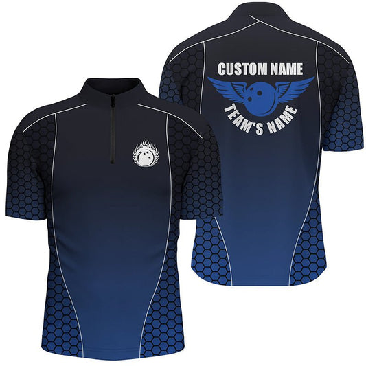 Personalisierte Bowling-Shirts mit Namen für Herren, Flammender Bowlingball Bowling Team Shirts | Blau P4239 - Climcat