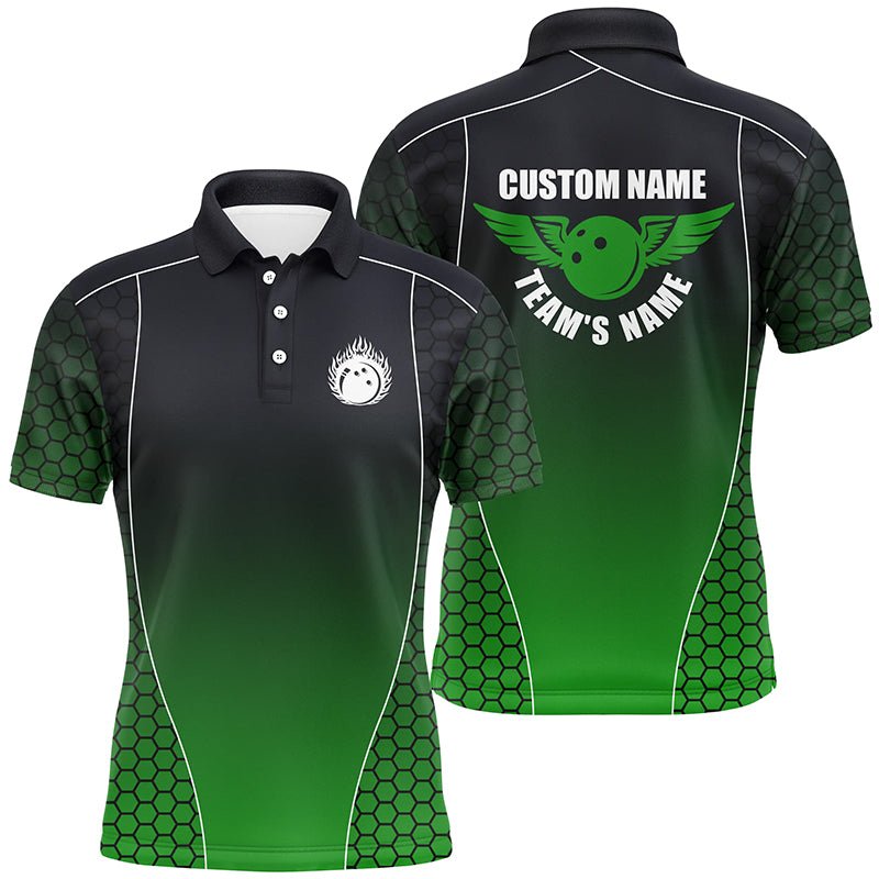 Personalisierte Bowling-Shirts mit Namen für Herren, Flammender Bowlingball Bowling-Team Shirts | Grün P4241 - Climcat