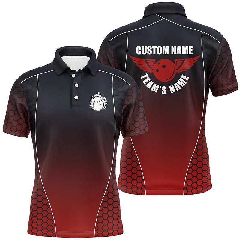 Personalisierte Bowling-Shirts mit Namen für Herren, Flammender Bowlingball Bowling Team Shirts | Rot P4240 - Climcat