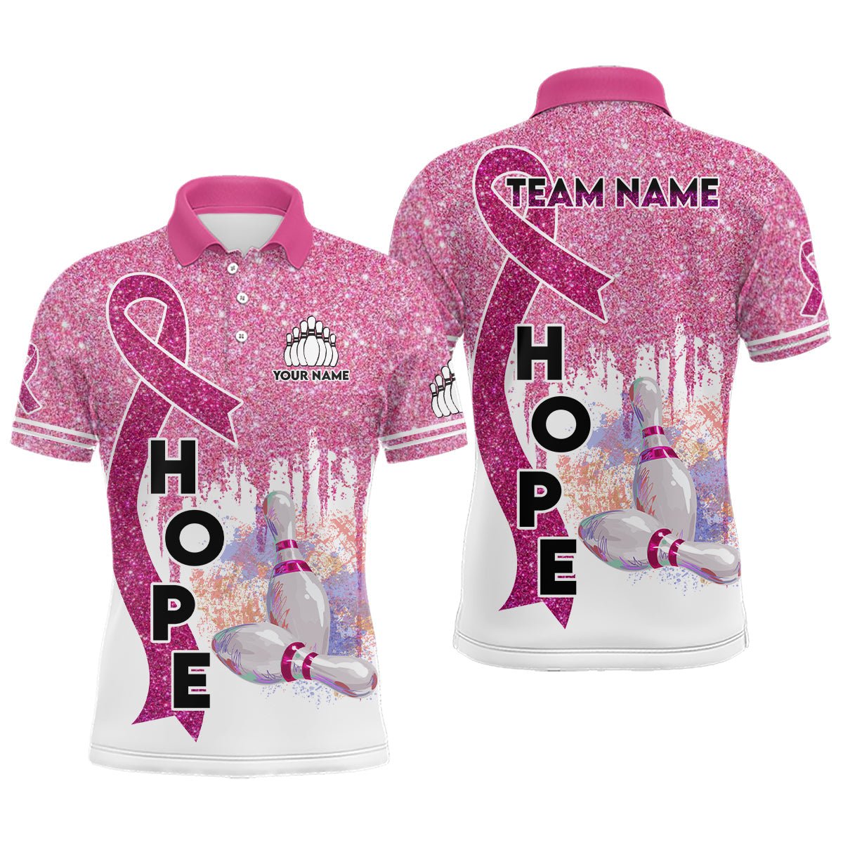 Personalisierte Bowling-Shirts mit pinkem Glitzerband zur Brustkrebs-Aufklärung - Individuelles Team-Bowling-Polo-Shirt für Herren Q6555 - Climcat