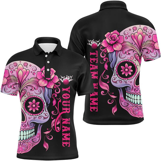 Personalisierte Bowling-Shirts mit Pinkem Sugar Skull Tattoo Design für Damen und Herren, Halloween Team Bowling Trikots P5243 - Climcat