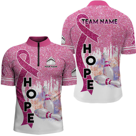 Personalisierte Bowling-Shirts mit rosa Glitzerband für Brustkrebsbewusstsein - Individuelle Team-Quarter-Zip-Hemden für Herren Q6555 - Climcat