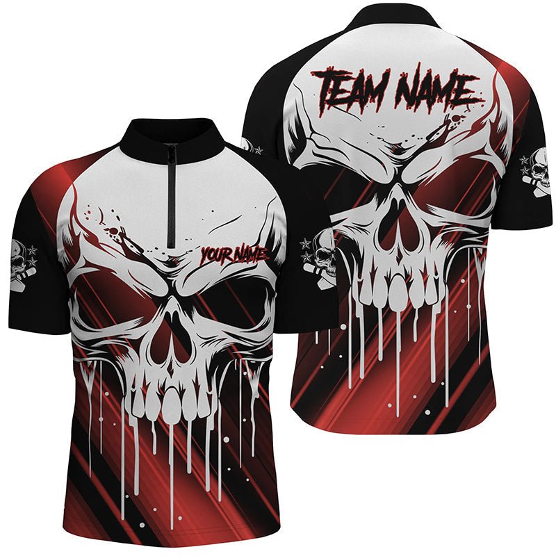 Personalisierte Bowling-Shirts mit Totenkopf für Herren | Bowling Team Name | Viertelreißverschluss | Halloween Outfits | Rot P5319 - Climcat