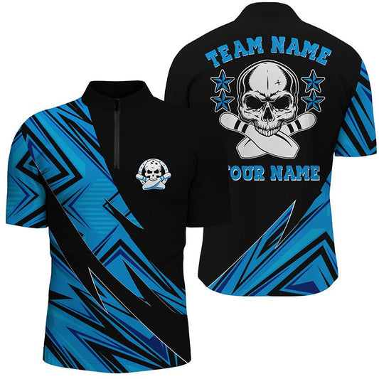 Personalisierte Bowling-Shirts mit Totenkopf für Herren und Damen, Bowling-Team Trikots mit Totenkopf | Blau P4498 - Climcat