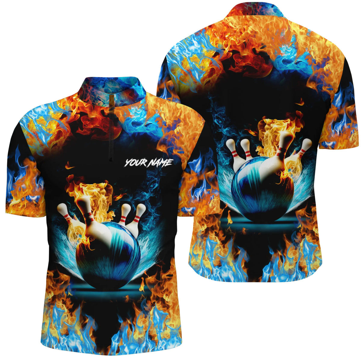 Personalisierte Bowling-Shirts mit Wasserfeuer-Hintergrund, individuellem Namen, kurzen Ärmeln und Viertelreißverschluss für Herren, Bowling-Teamshirts Q4705 - Climcat