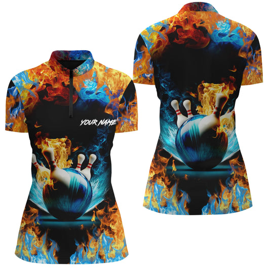 Personalisierte Bowling-Shirts mit Wasserfeuer-Hintergrund, individueller Name, kurze Ärmel, Viertelreißverschluss für Frauen, Geschenk für Bowlerinnen Q4705 - Climcat