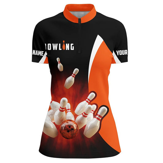 Personalisierte Bowling-Shirts Retro Schwarz Orange Bowling Quarter Zip Shirts für Damen, Bowling Team Trikot Q5054 - Climcat