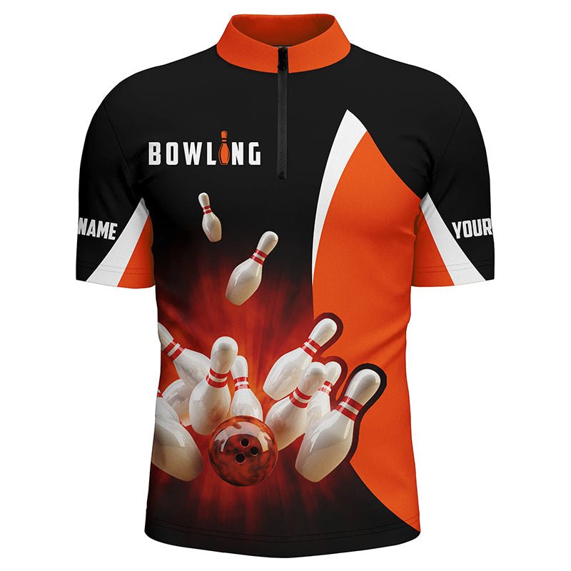 Personalisierte Bowling-Shirts Retro Schwarz Orange Bowling Quarter Zip Shirts für Herren, Bowling Team Trikot Q5054 - Climcat