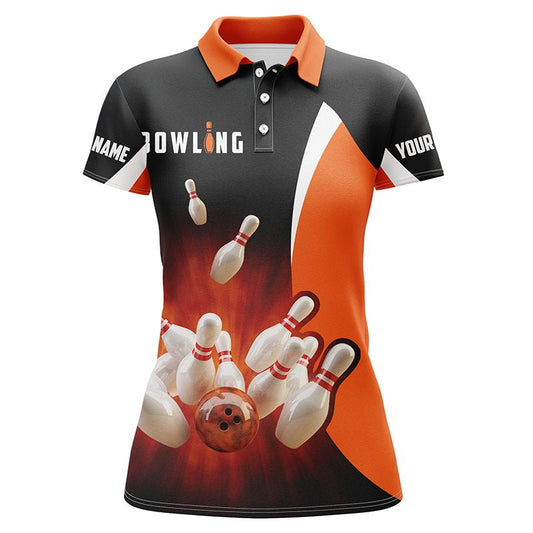 Personalisierte Bowling-Shirts Retro Schwarz Orange | Damen Bowling Polo Shirt | Bowling Team Trikot Q5054 - Climcat