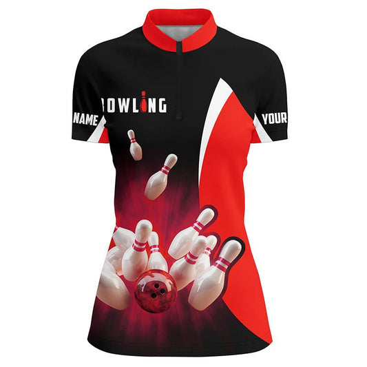 Personalisierte Bowling-Shirts: Retro Schwarz-Rot Bowling Quarter Zip Shirts für Damen, Bowling Team Trikot Q6936 - Climcat